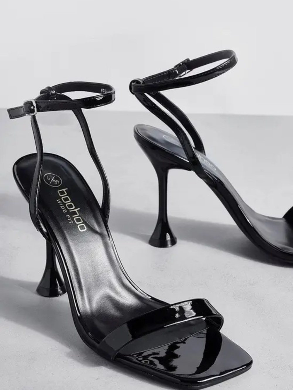 Boohoo Black Patent Sculpted Heel Strappy Sandals